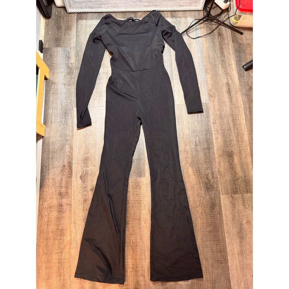 Balera Black Long Sleeve Open Back Flare Leg Dance Jumpsuit Thumbholes Womens MA